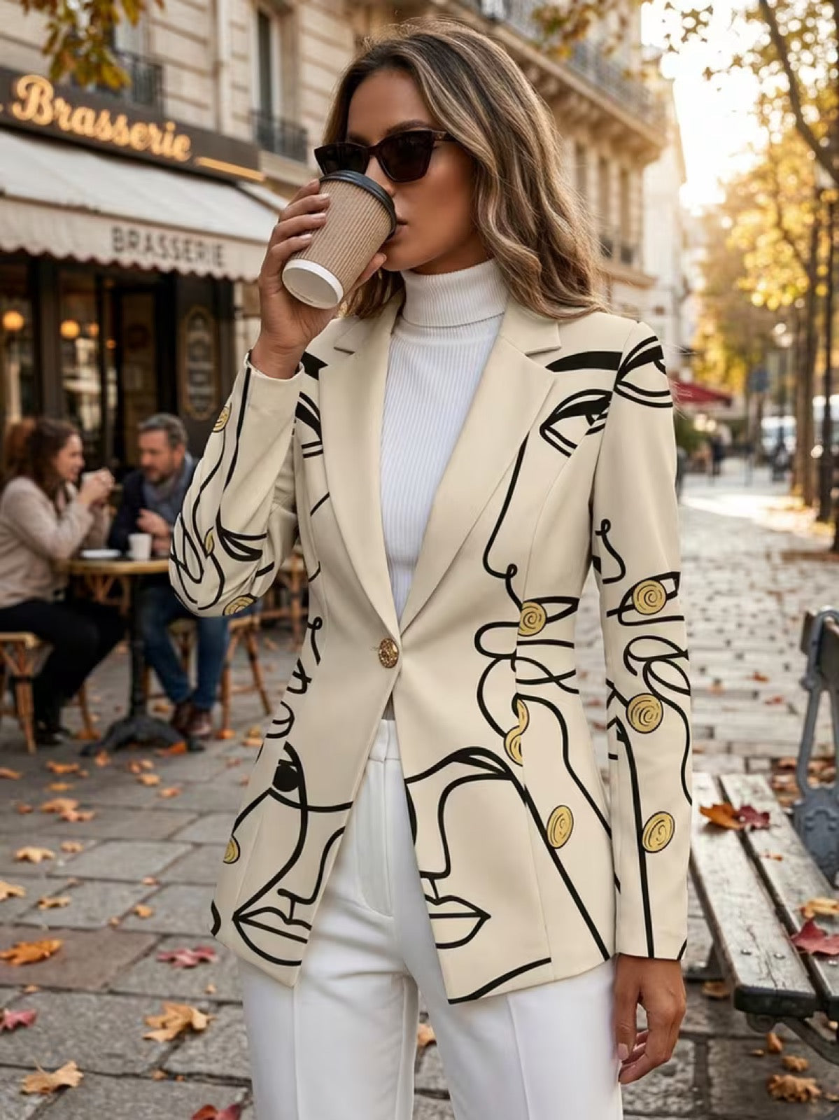 Abstract Line Art Print Single Button Blazer 2