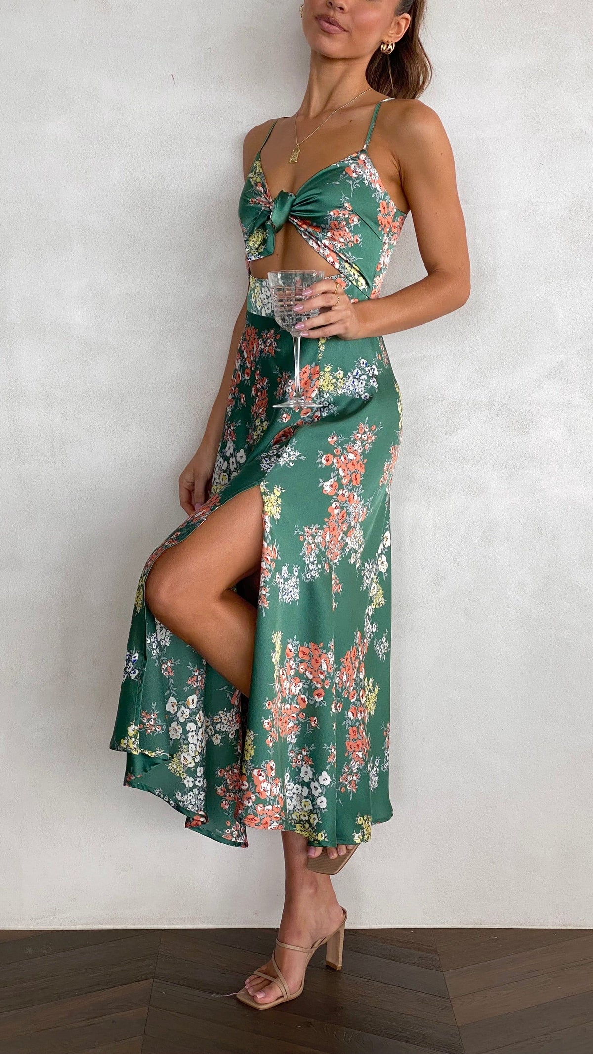 Floral Deep V-Neck Spaghetti Strap Tie Front High Split Midi Dress - View 13