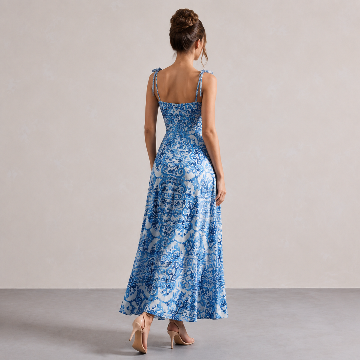 Porcelain Print Tie Strap Corset Double Split Maxi Dress 3