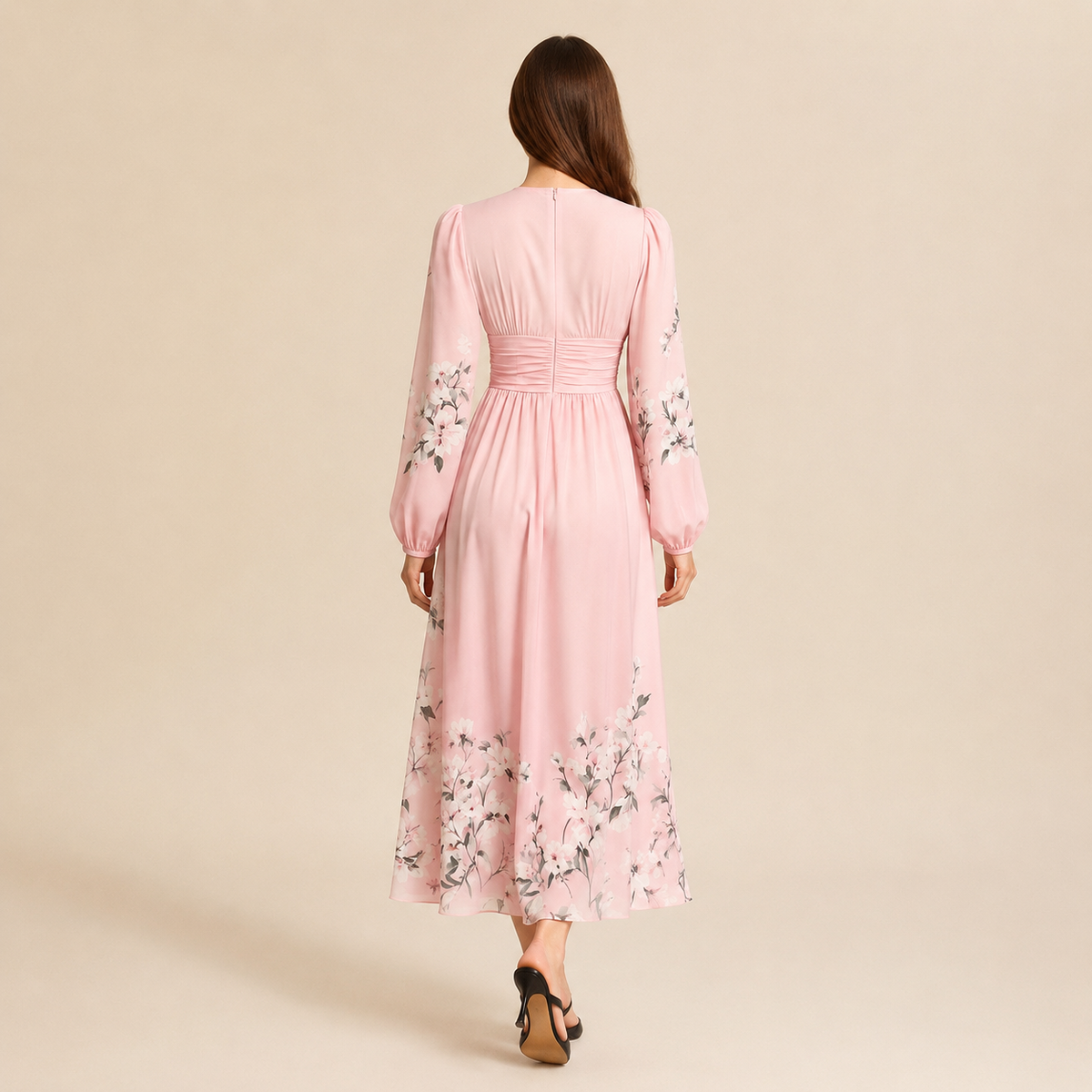 Floral V-Neck Long Sleeve Pleated Chiffon Maxi Dress 12