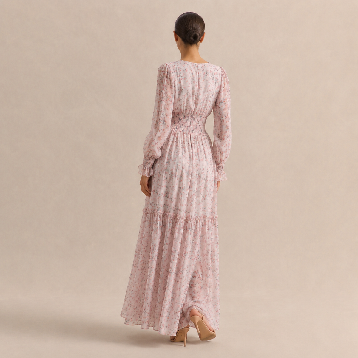 Floral V-Neck Long Sleeve Shirred Tiered Maxi Dress 6