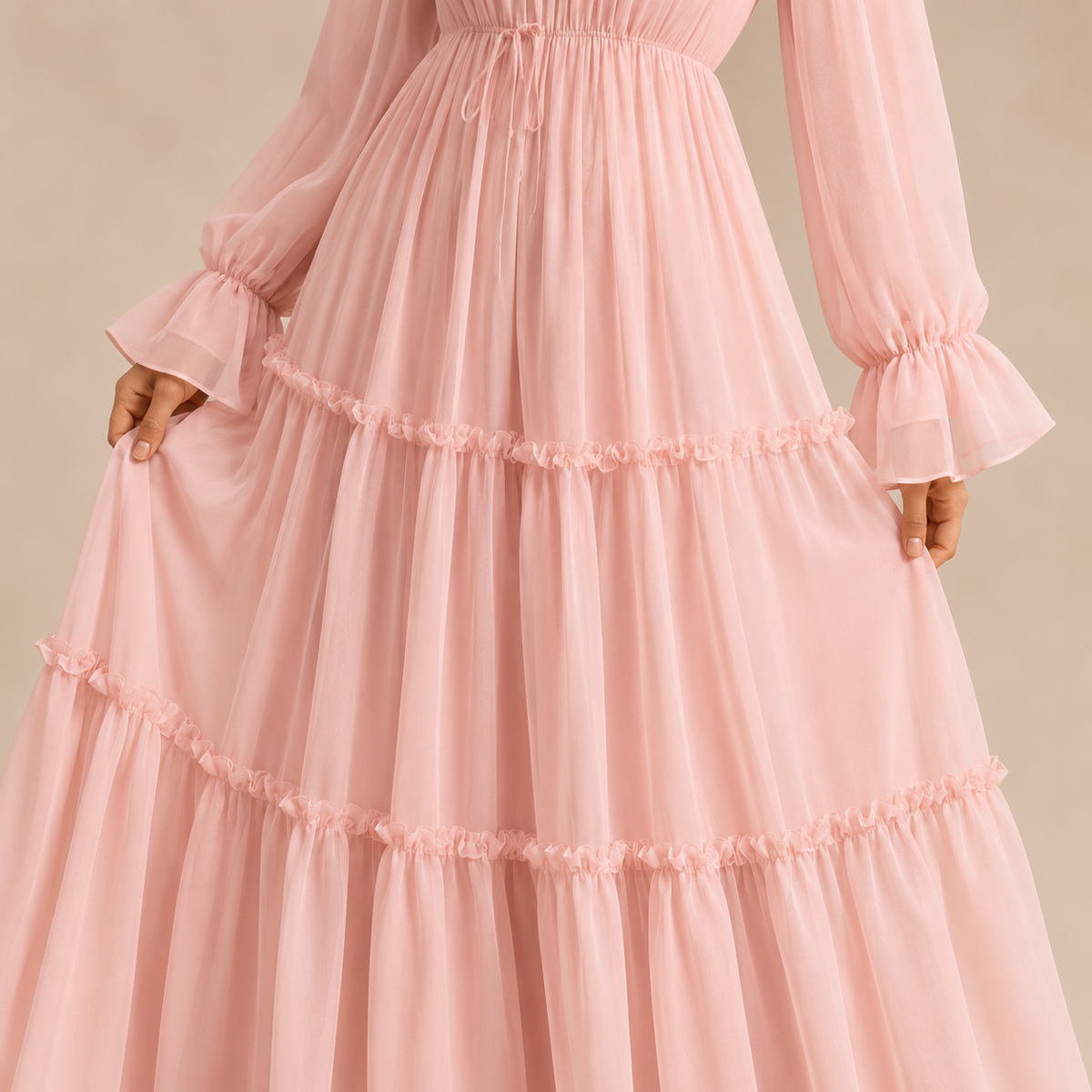 High Neck Long Sleeve Tiered Ruffle Chiffon Maxi Dress 2