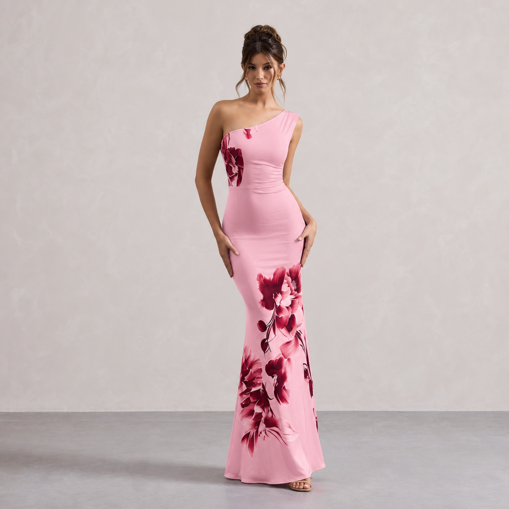 Floral One Shoulder Ruched Fishtail Maxi Dress