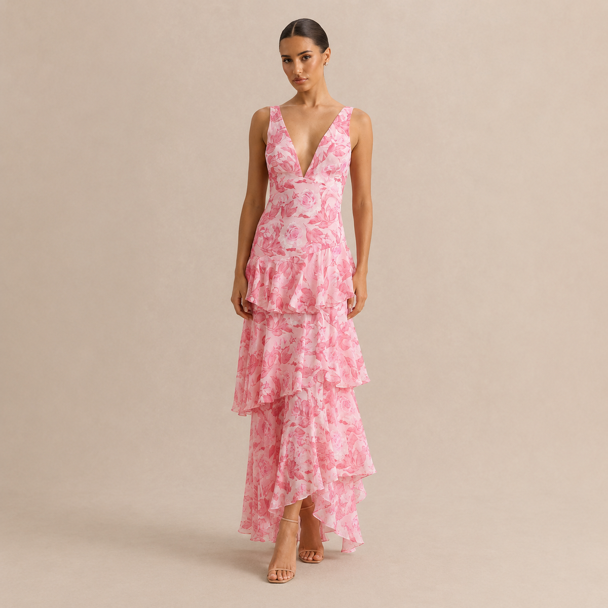 Floral Deep V-Neck Sleeveless Tiered Ruffle Maxi Dress 4