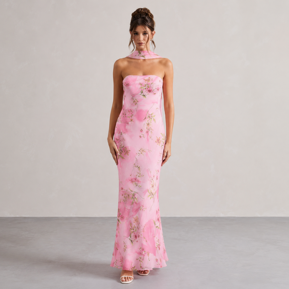 Strapless Floral Print Scarf Neck Mermaid Maxi Dress 7