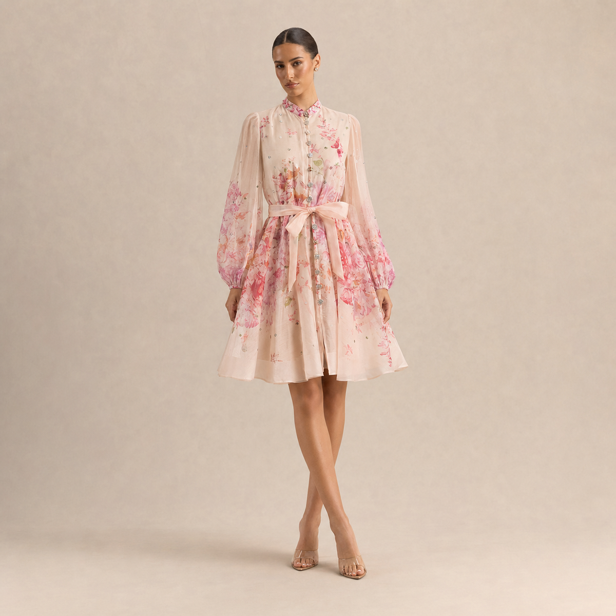 Floral High Neck Long Sleeve Belted Sheer Mini Dress 4