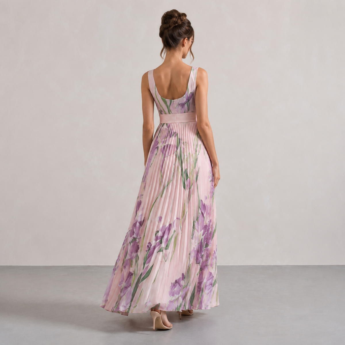 Square Neck Belted Floral Pleated Maxi Dress 15