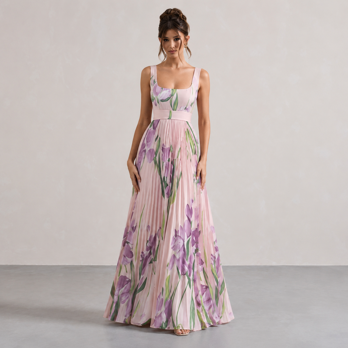 Square Neck Belted Floral Pleated Maxi Dress 13