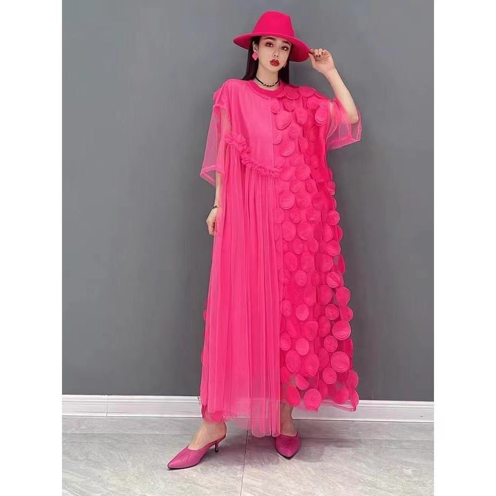 Mesh Asymmetrical Round Neck Elbow Sleeve Disc Maxi Party Dress - View 11