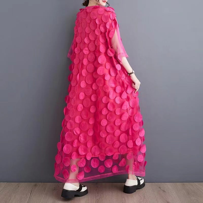 Mesh Asymmetrical Round Neck Elbow Sleeve Disc Maxi Party Dress - View 4