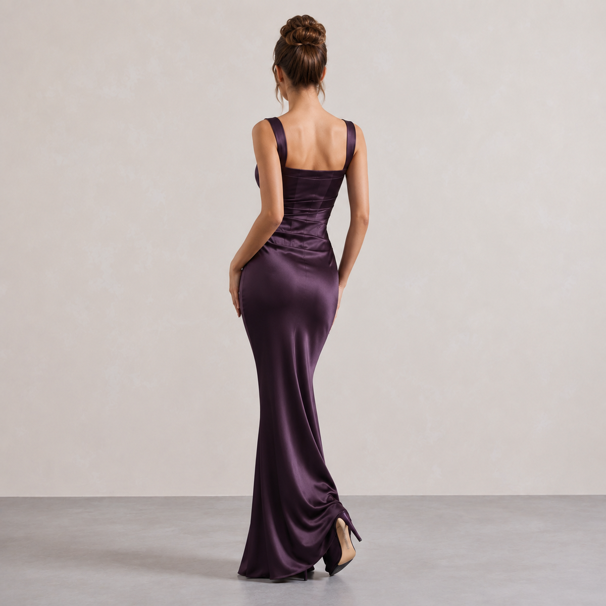 Square Neck Ruched Satin Fishtail Maxi Dress 9