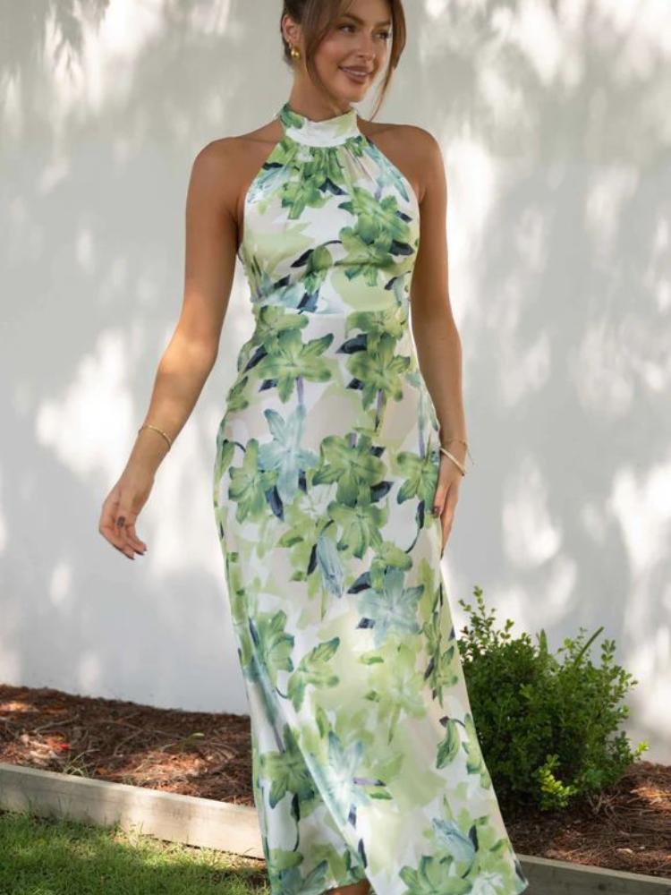 Satin Floral Print Halter Neck Backless High Split Maxi Dress in Green - View 4