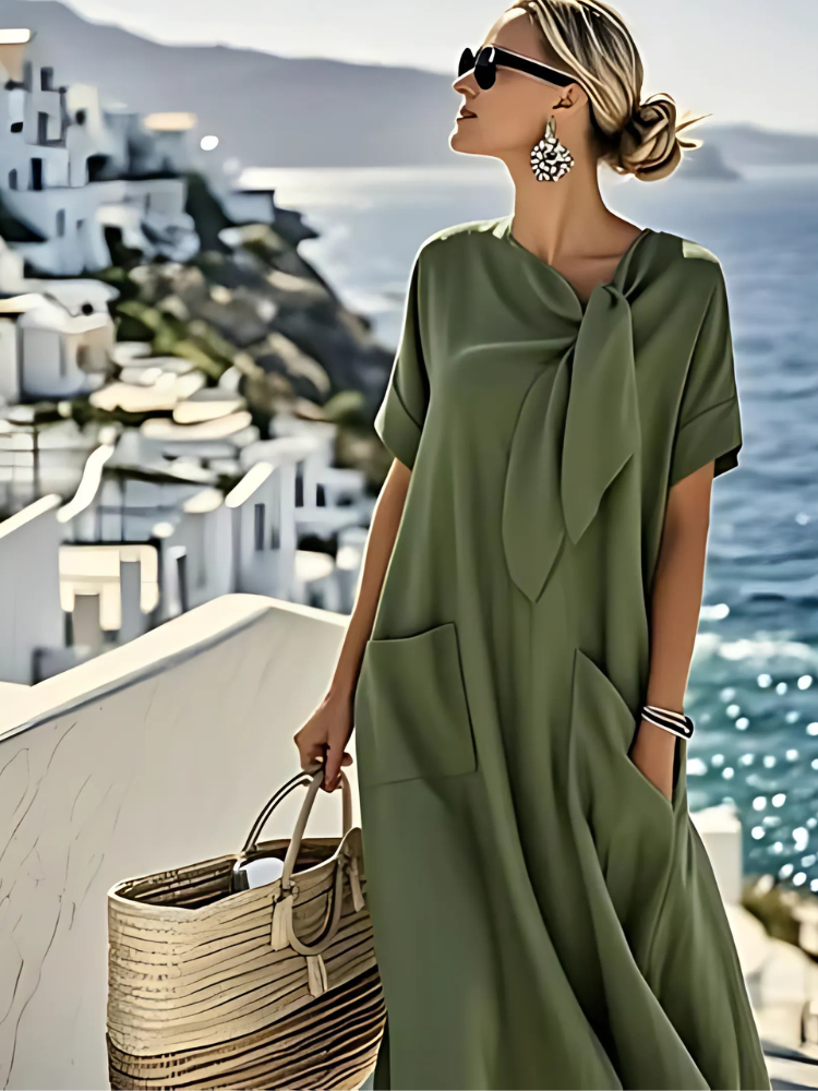 Tie Neck Short Sleeve Patch Pocket Loose Midi Dress 4