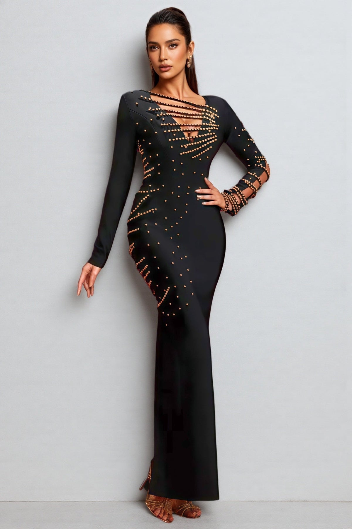 Rhinestone Stud Deep V Neck Ladder Strap Cut Out Maxi Gown - View 3