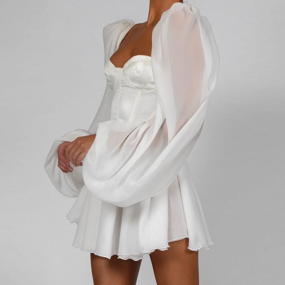 Satin Square Neck Puff Sleeve Corset Mini Dress - View 4