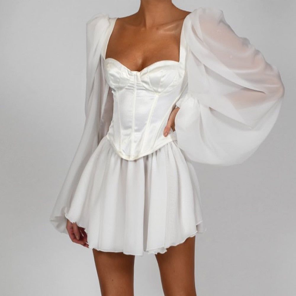 Satin Square Neck Puff Sleeve Corset Mini Dress - View 2