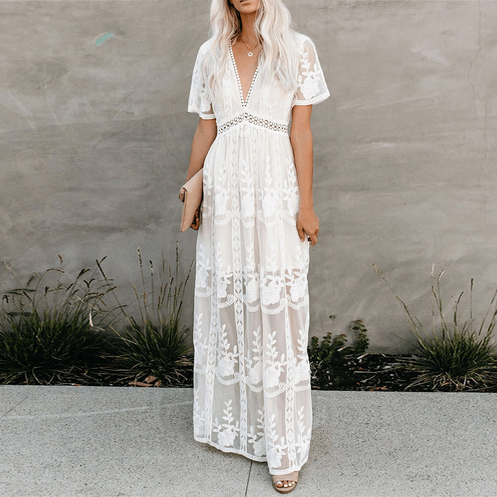 Lace Floral Embroidery Deep V-Neck Short Sleeve Empire Waist Maxi Gown
