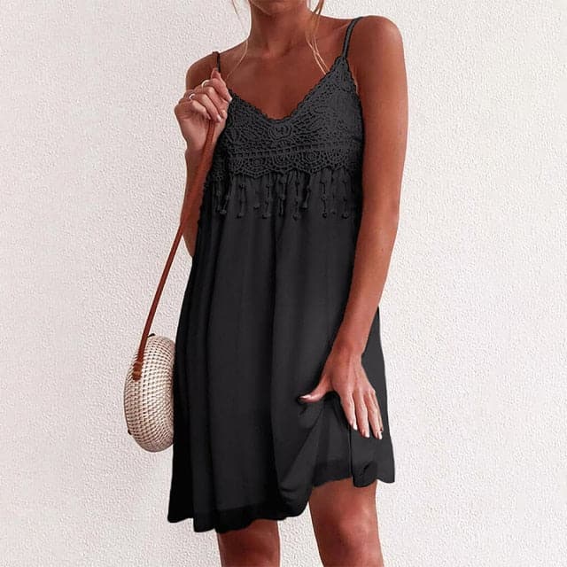 VNeck Strap Open White Lace Sleeveless Loose Elegant Mini Dress - View 5