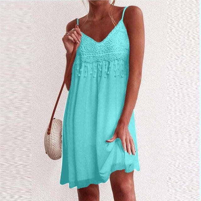 VNeck Strap Open White Lace Sleeveless Loose Elegant Mini Dress - View 10