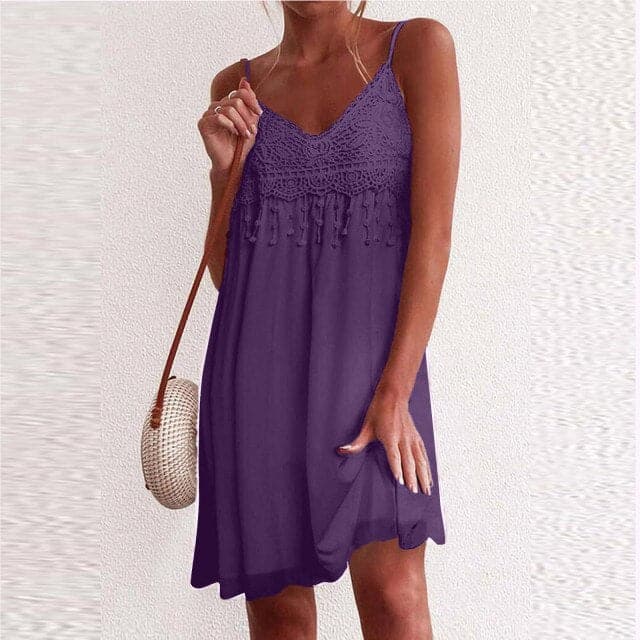 VNeck Strap Open White Lace Sleeveless Loose Elegant Mini Dress - View 8