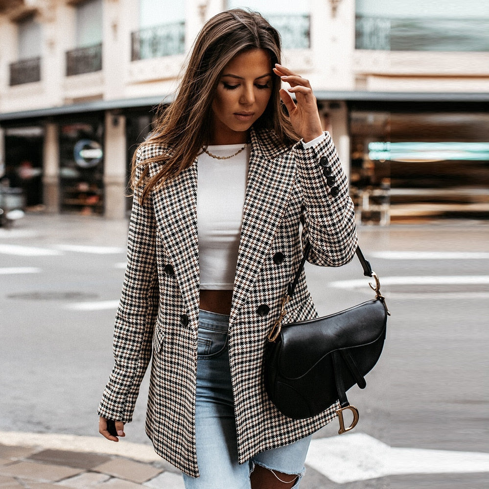 Houndstooth Double Breasted Notched Collar Blazer 4