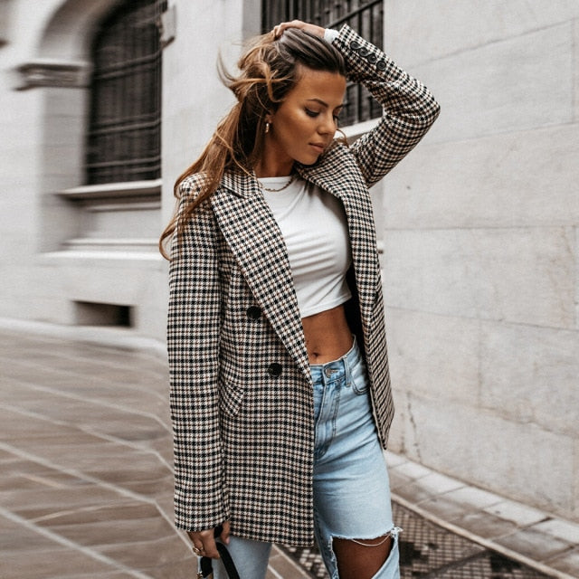 Houndstooth Double Breasted Notched Collar Blazer 5