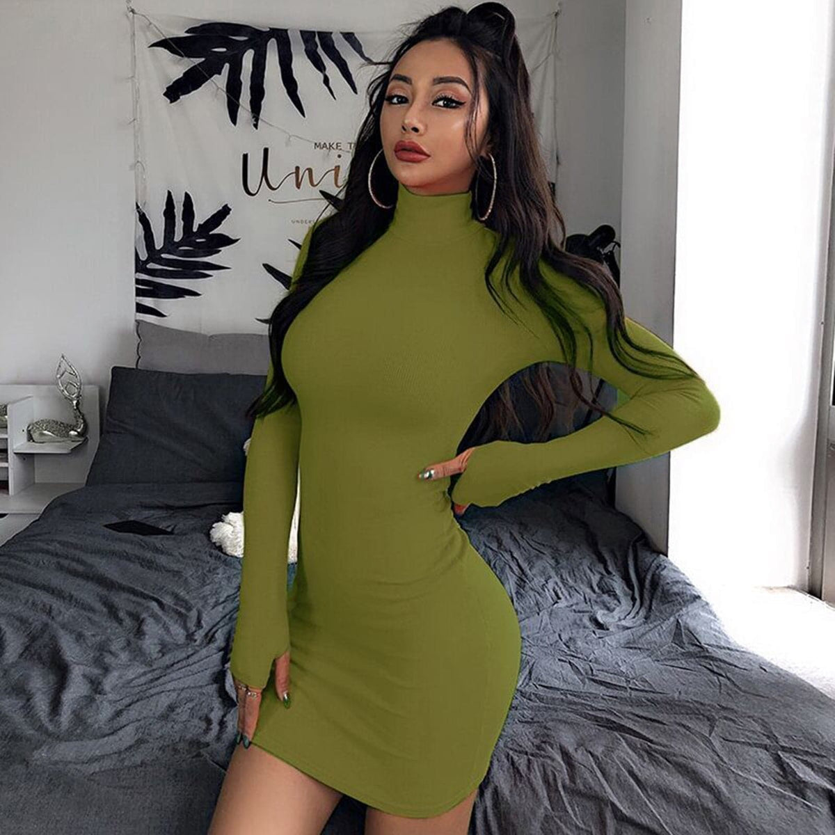 Knit Turtleneck Long Sleeve Bodycon Mini Dress - View 12