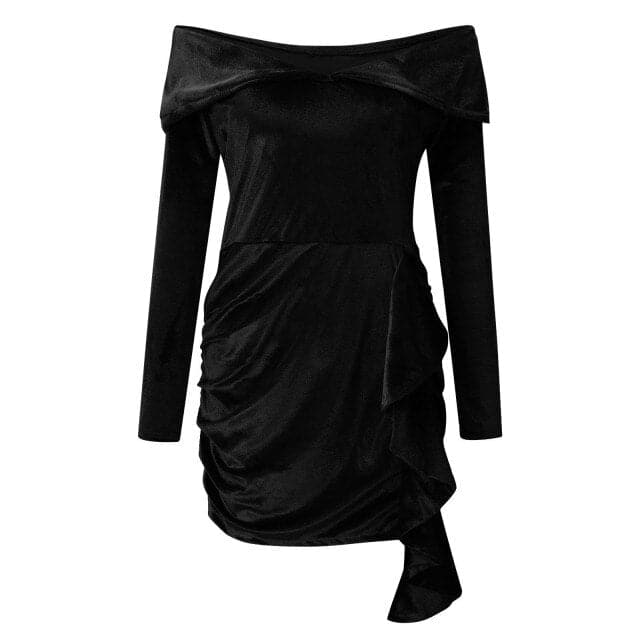 Velvet Off Shoulder Long Sleeve Ruched Bodycon Mini Dress in Blue - View 2