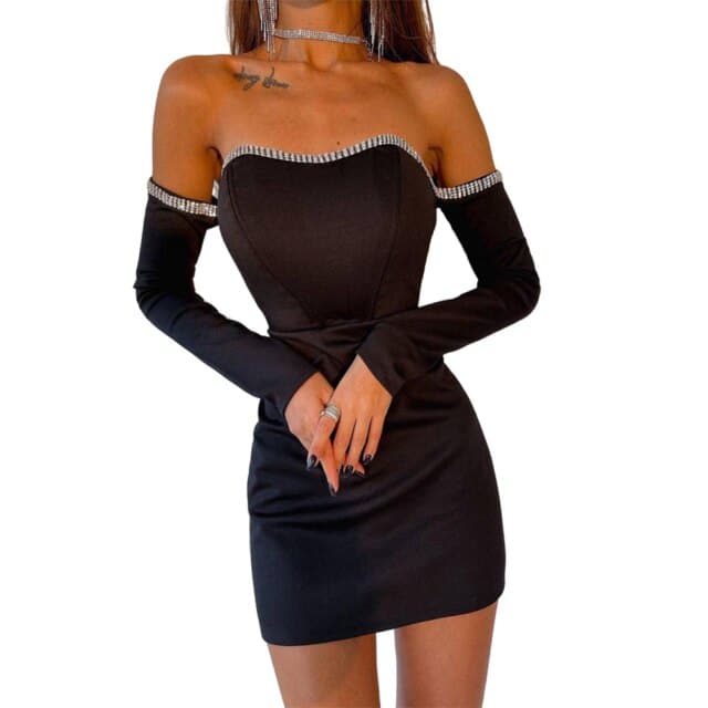 Rhinestone Off Shoulder Long Sleeve Bodycon Mini Party Dress - View 2