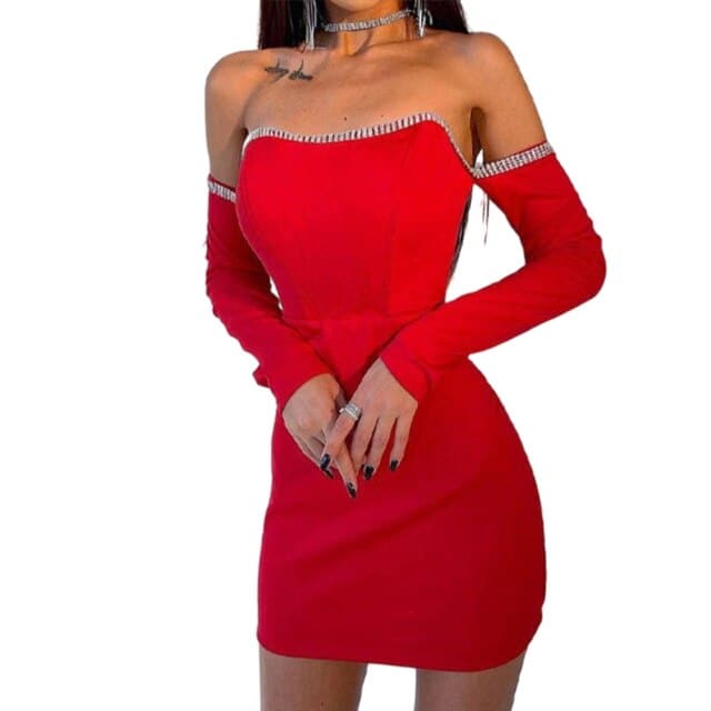 Rhinestone Off Shoulder Long Sleeve Bodycon Mini Party Dress - View 4