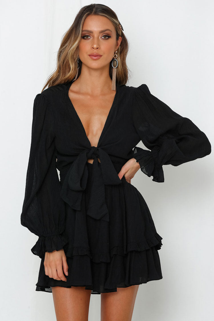 Balloon Sleeve Ruffle Bow Tie V Neck Chiffon Mini Dress - Black - View 2