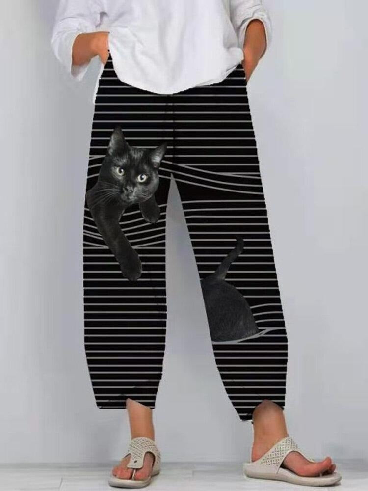 Cat Stripe Print Elastic Waist Pocket Tapered Pants 4