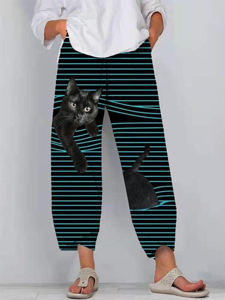 Cat Stripe Print Elastic Waist Pocket Tapered Pants 3
