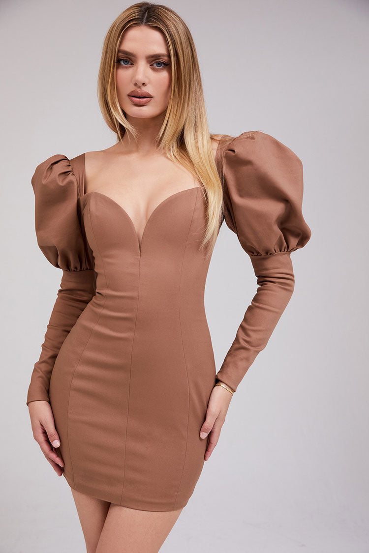 Puff Sleeve Deep V-Neck Bodycon Party Mini Dress - View 2
