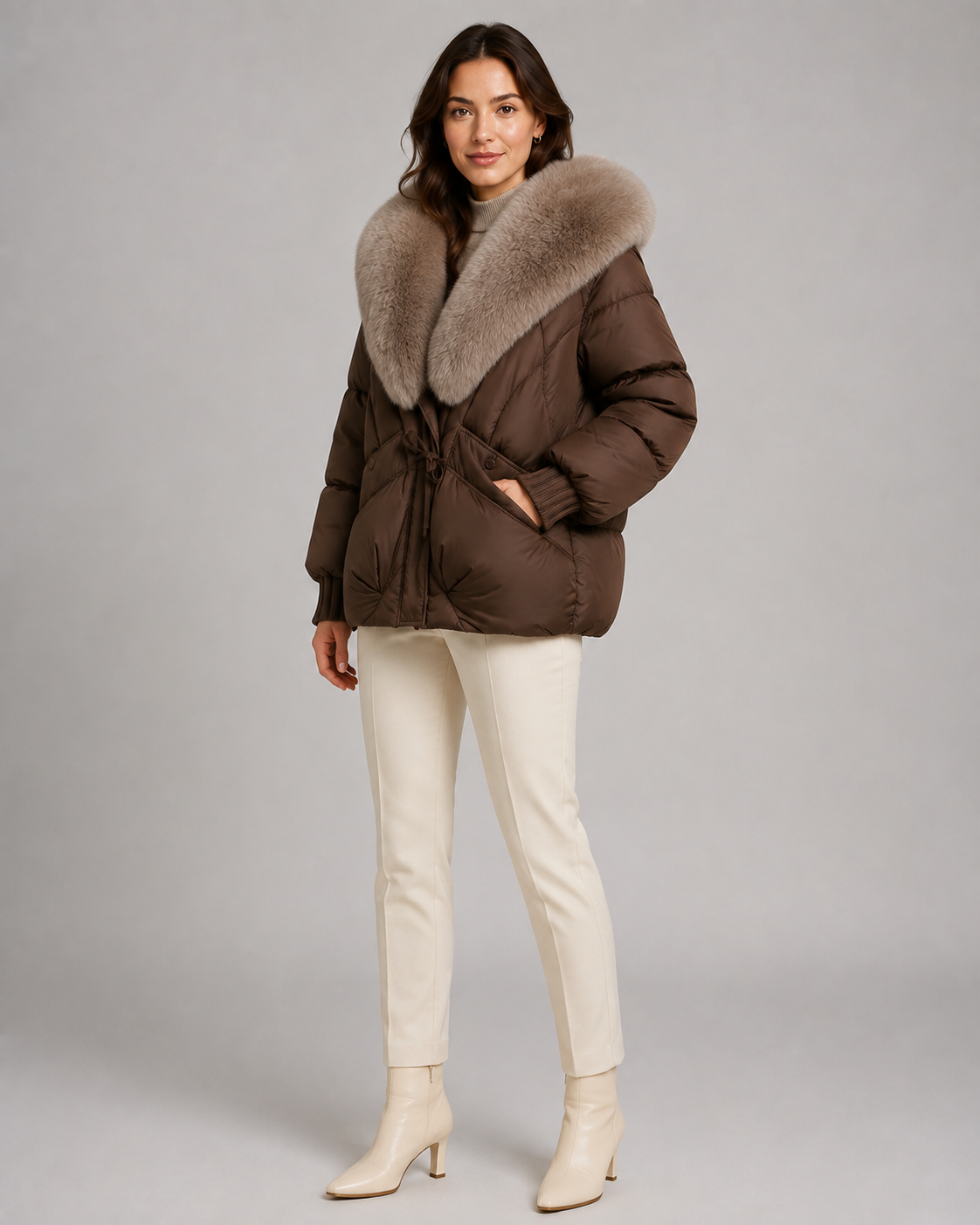 Faux Fur Shawl Collar Drawstring Waist Puffer Jacket 3