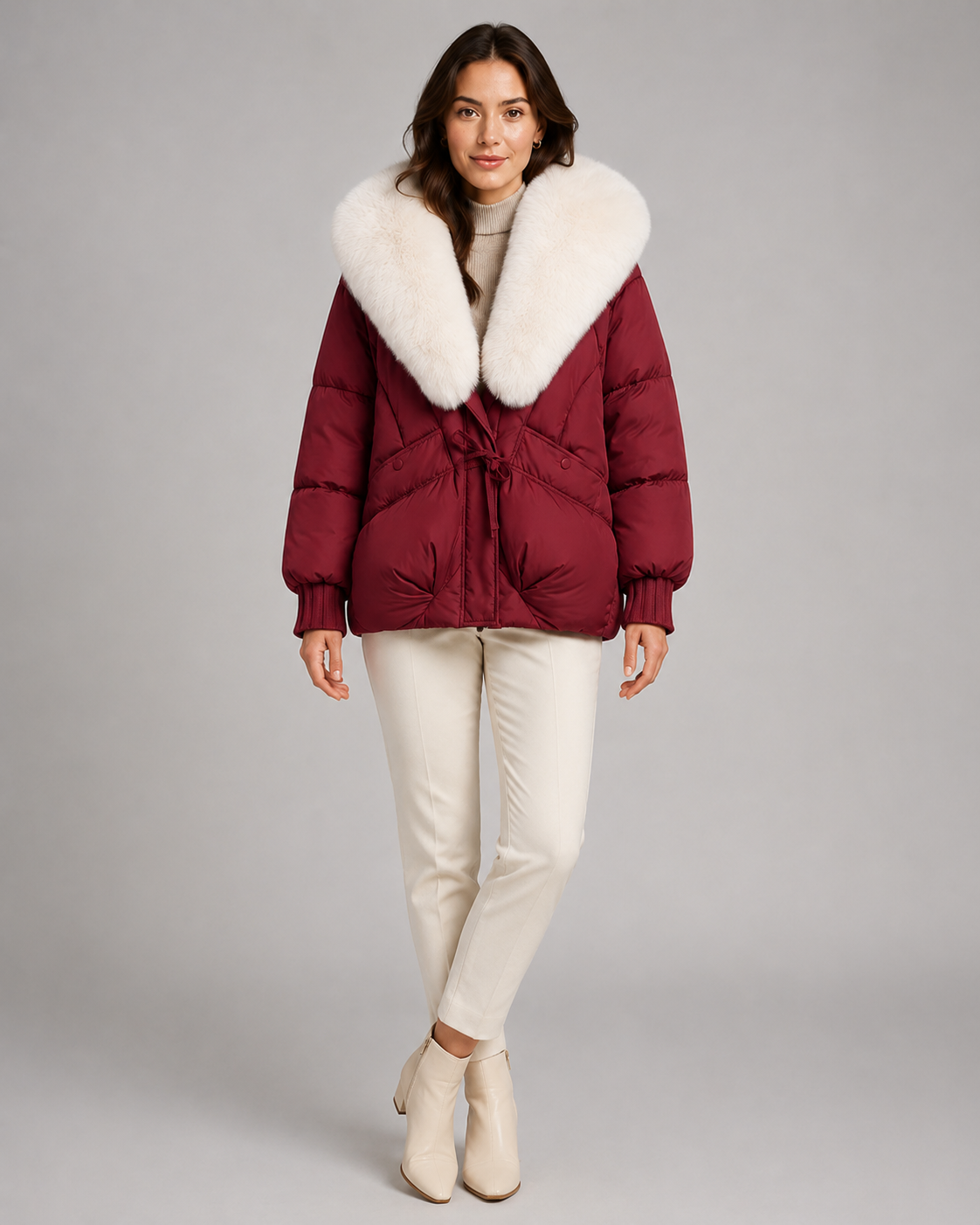 Faux Fur Shawl Collar Drawstring Waist Puffer Jacket 7