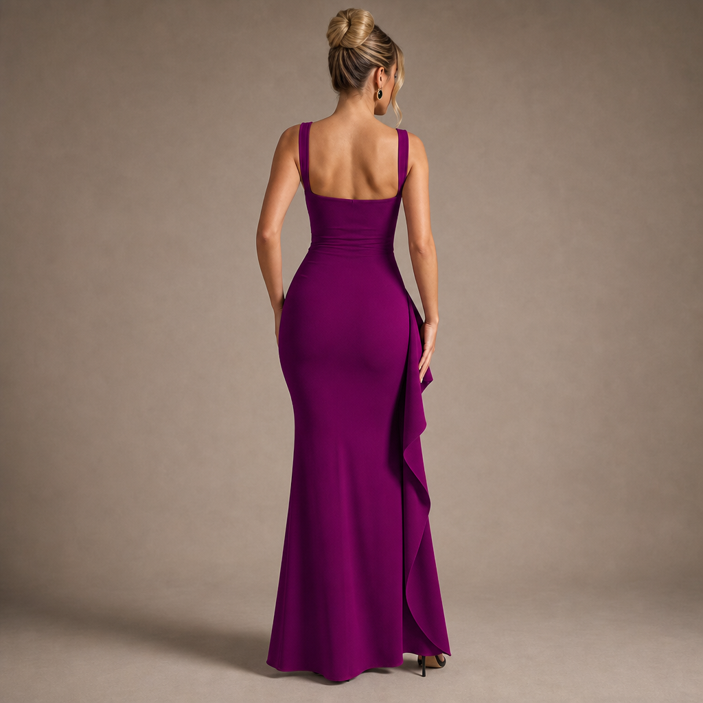 Square Neck Sleeveless Ruched High Split Fishtail Maxi Gown 15