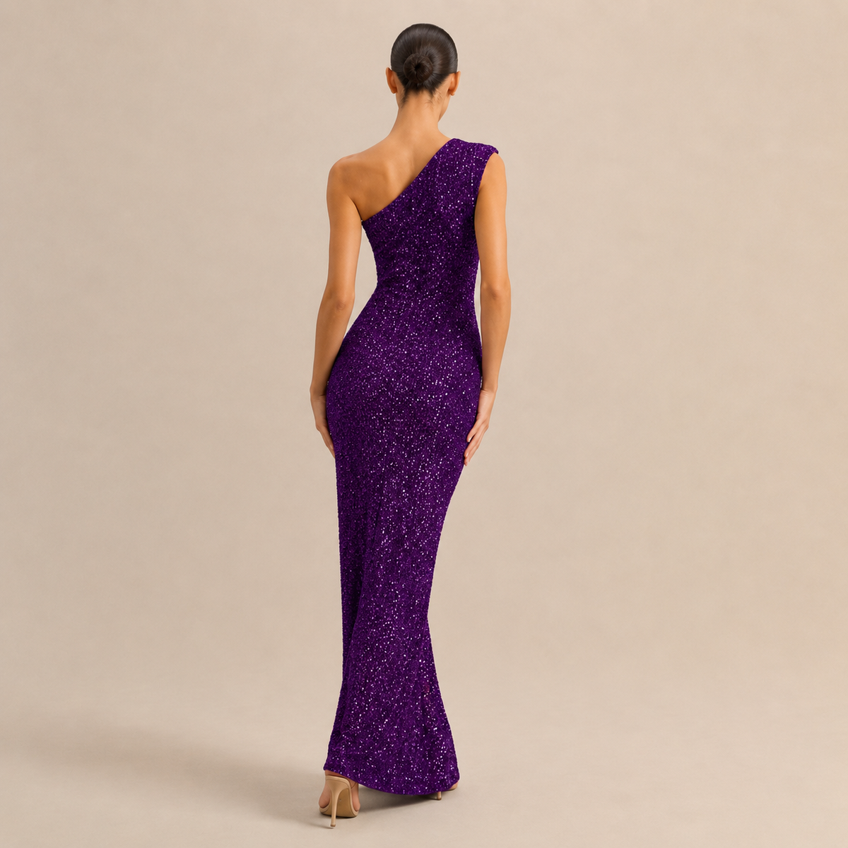 Sequin One Shoulder High Split Column Maxi Gown 18