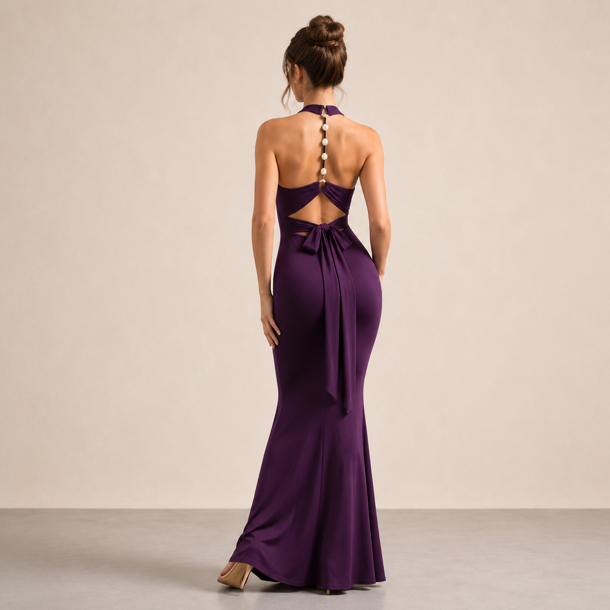 Halter Neck Backless Ruched Fishtail Maxi Gown 6