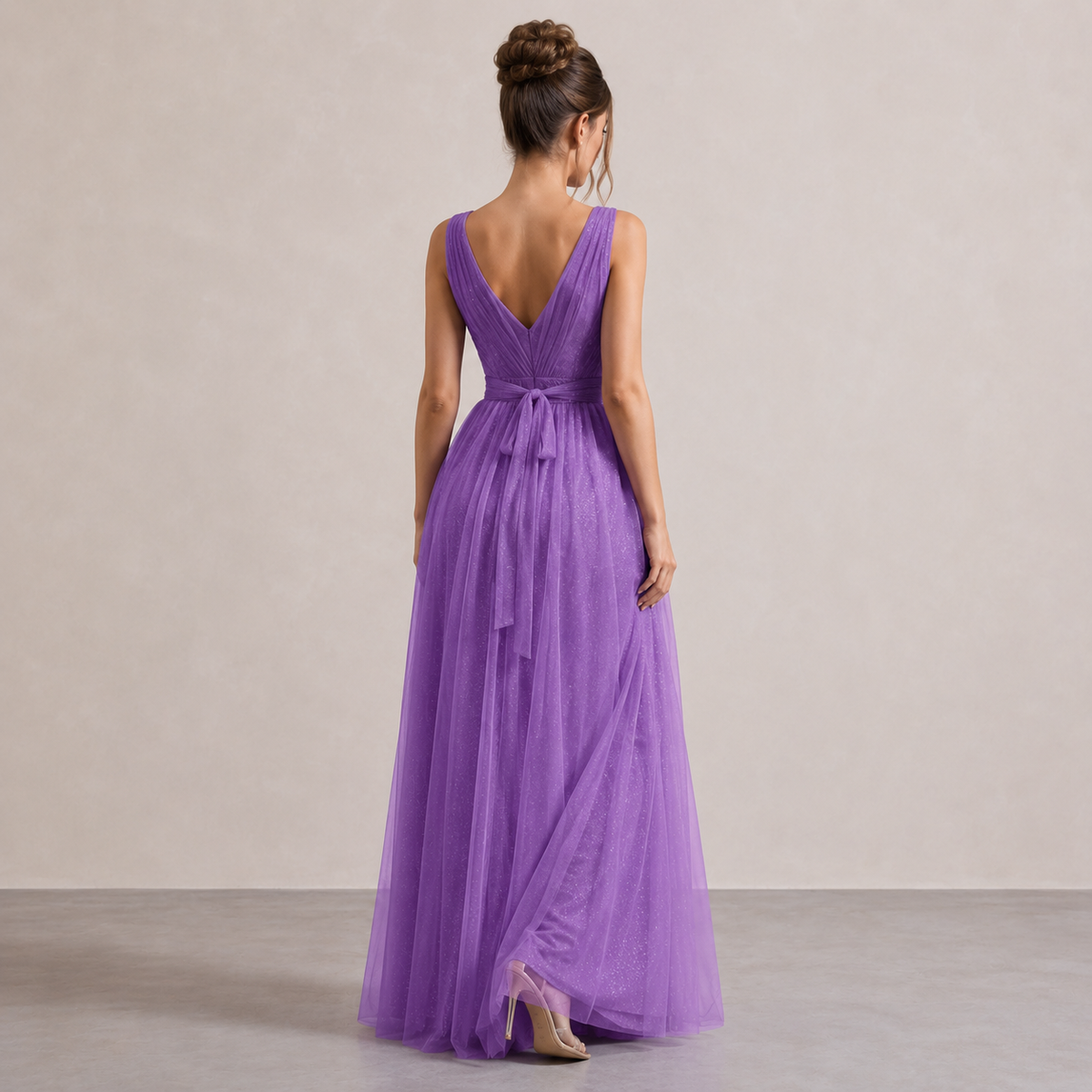 V-Neck Sleeveless Glitter High Split A-Line Maxi Gown 18
