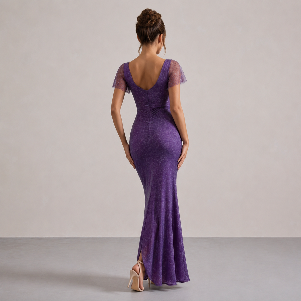 Sweetheart Flutter Sleeve Ruched High Split Glitter Maxi Gown 9