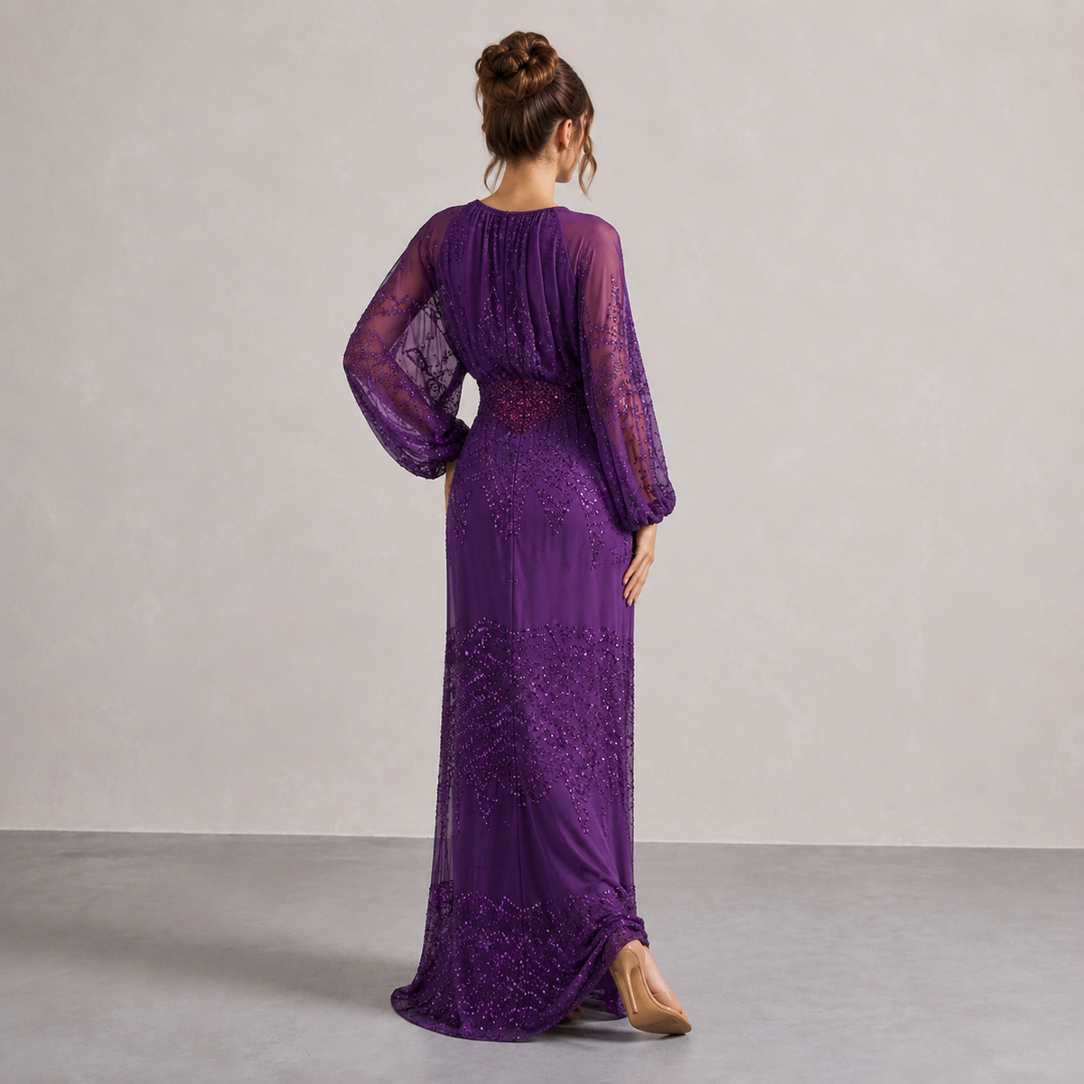 Sequin V-Neck Balloon Sleeve High Split Maxi Gown 18