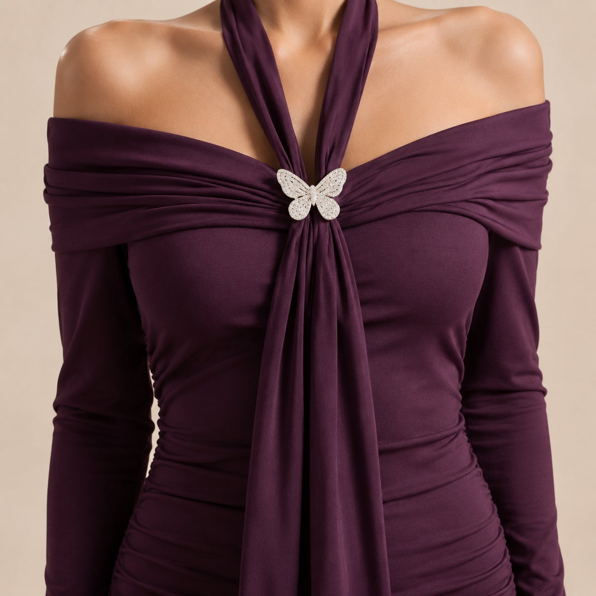 Off Shoulder Long Sleeve Draped Sash Ruched Mini Dress 2