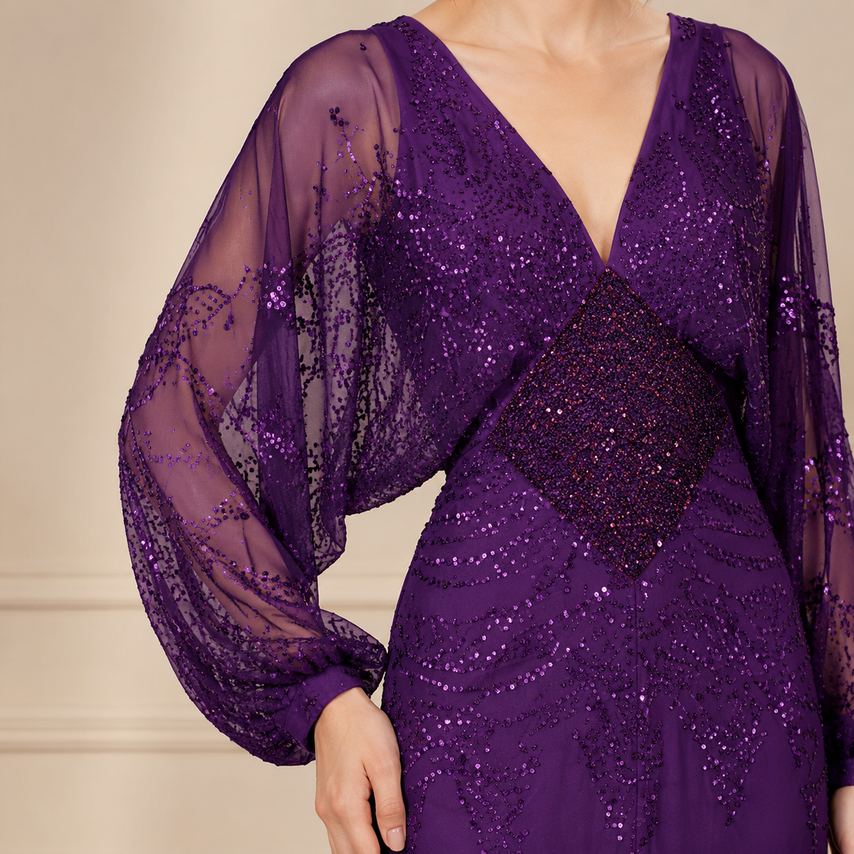Sequin V-Neck Balloon Sleeve High Split Maxi Gown 17