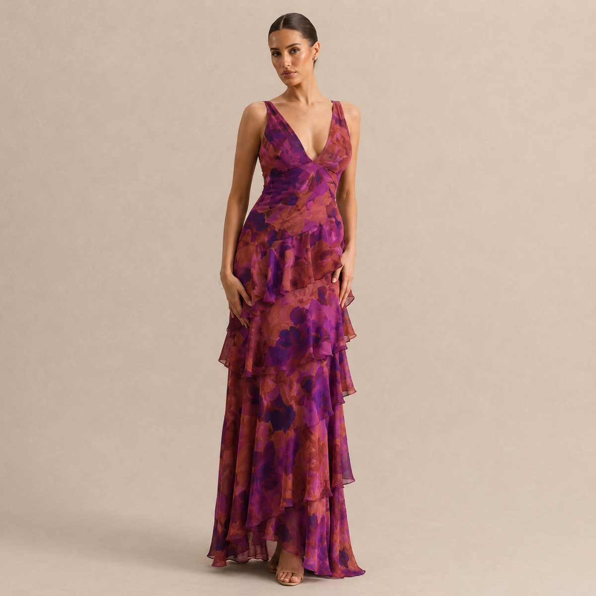 Floral Deep V-Neck Sleeveless Tiered Ruffle Maxi Dress 7