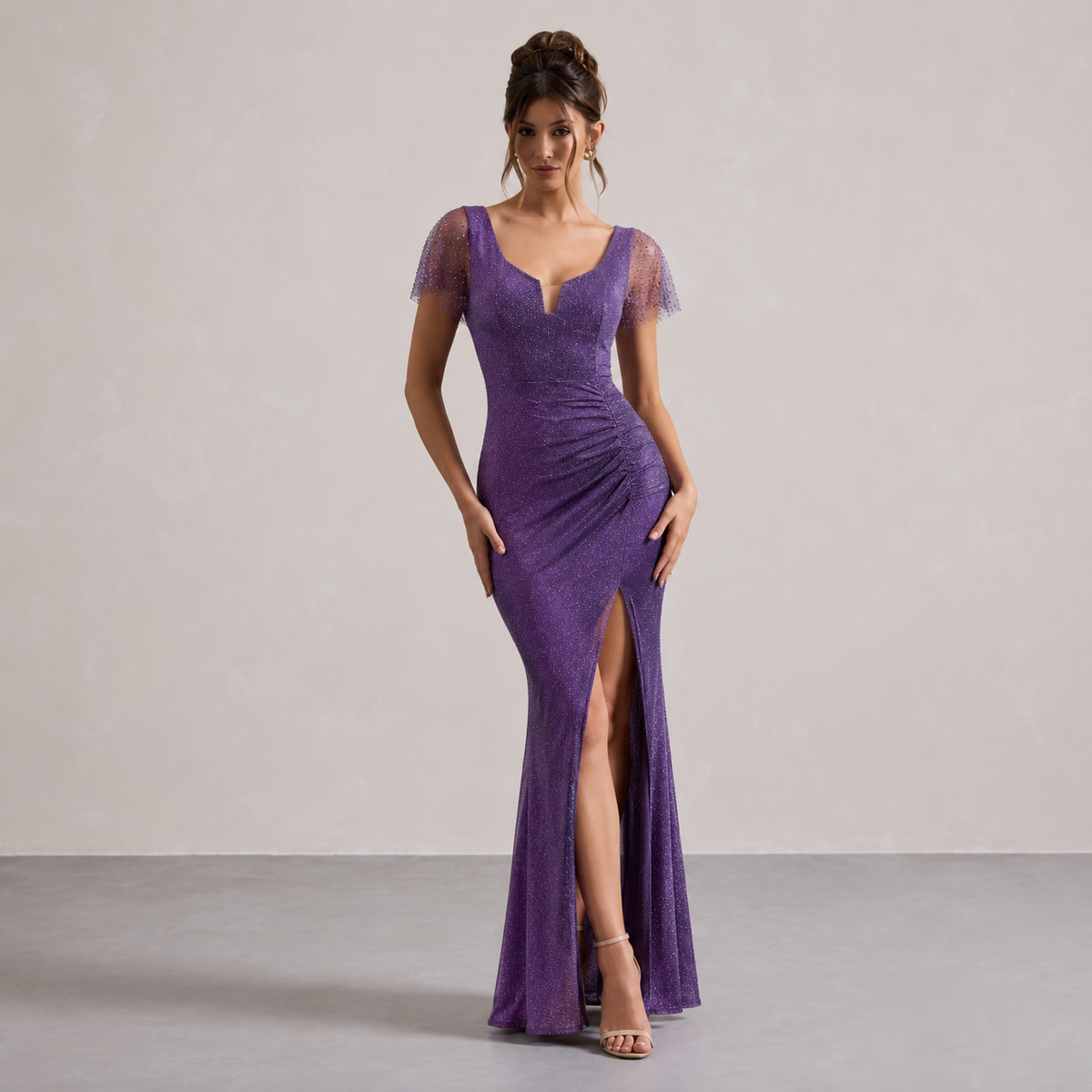 Sweetheart Flutter Sleeve Ruched High Split Glitter Maxi Gown 7