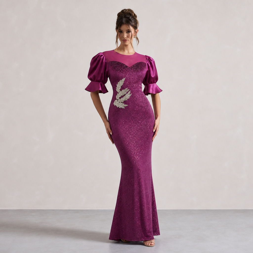 Illusion Neck Puff Sleeve Sequin Mermaid Gown 7
