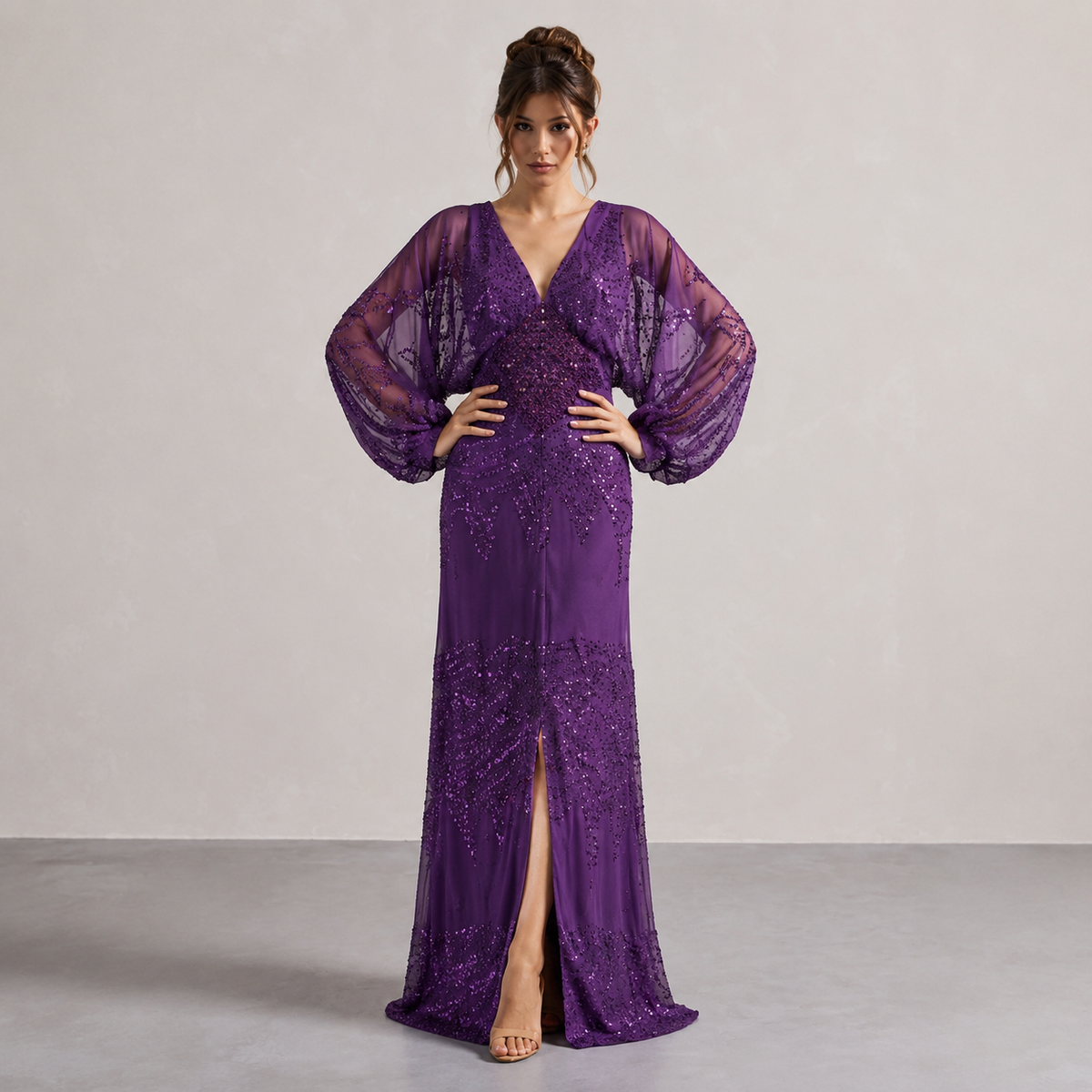 Sequin V-Neck Balloon Sleeve High Split Maxi Gown 16