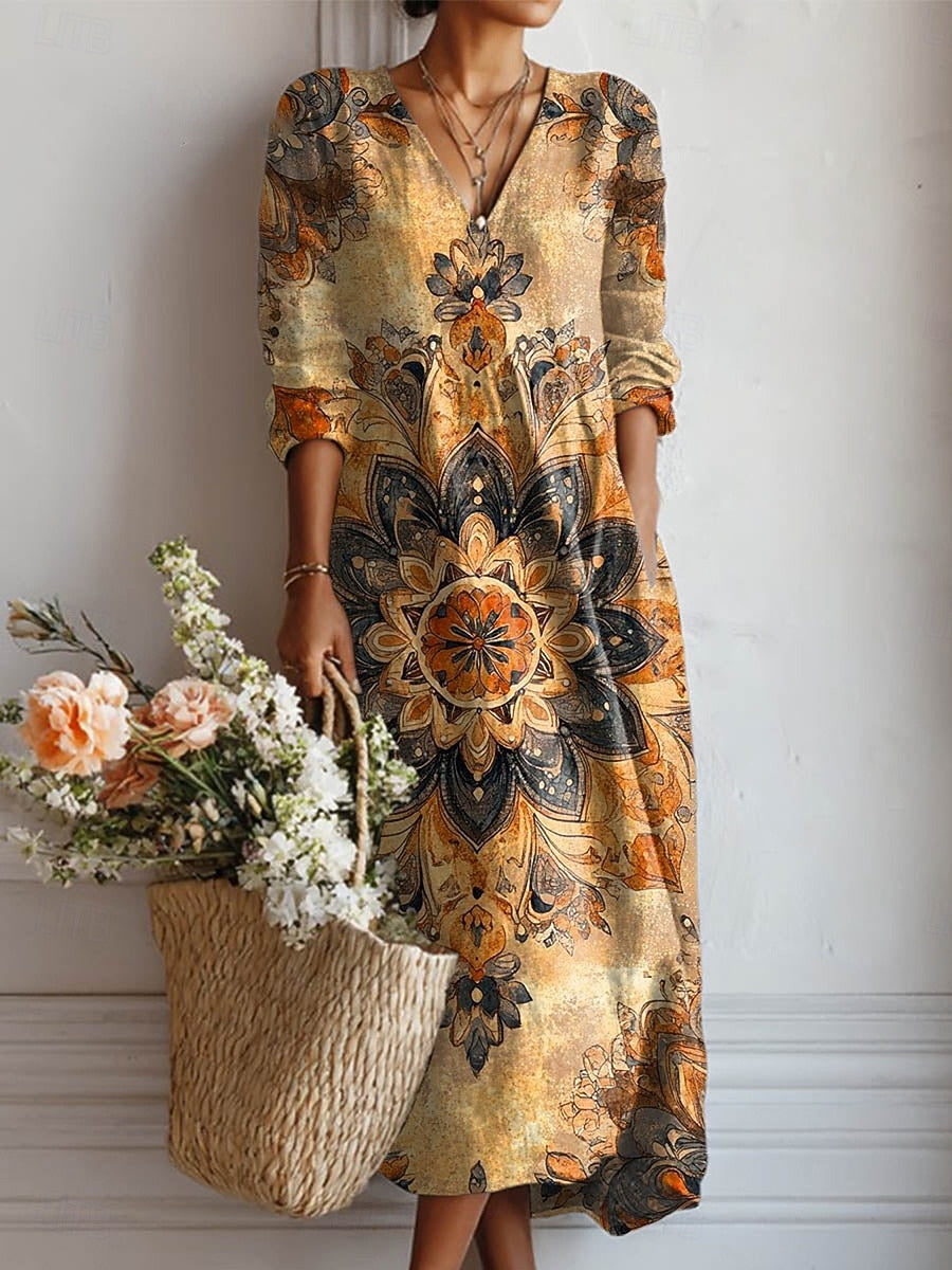 Mandala Floral Print V-Neck Long Sleeve Midi Dress