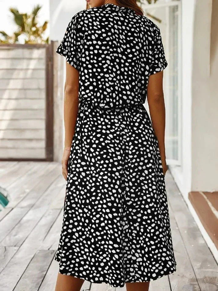 Animal Print Collared Short Sleeve Drawstring Midi Shirt Dress 14